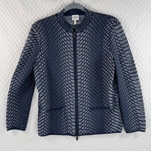Armani Collezioni Sz 6 Navy Blue Grey Geometric Knit Zip Front Cardigan Jacket
